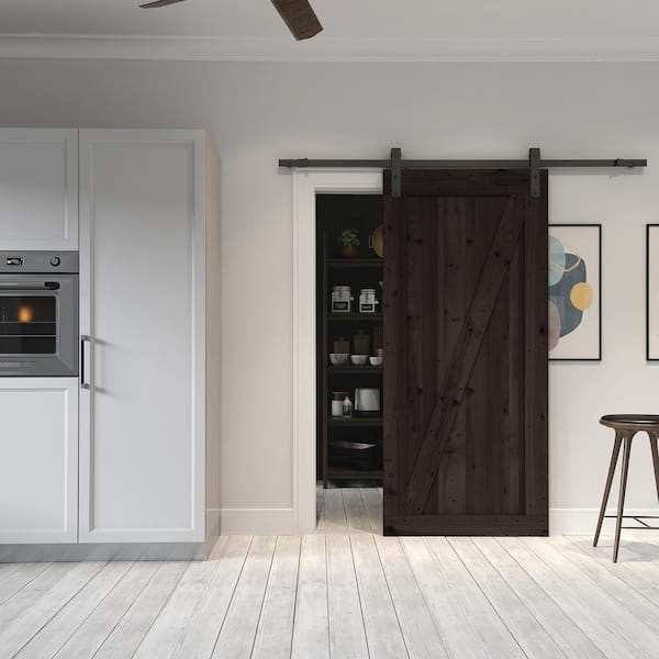36 in. x 84 in. Canadian Hemlock Distressed Smoke Sliding Barn Door with Hardware Kit