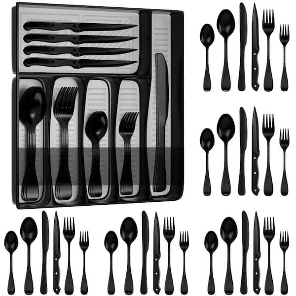 49-Piece Stainless Steel Flatware Utensils with Forks, Spoons, Steak Knives and Organizer, Set for 8, Black