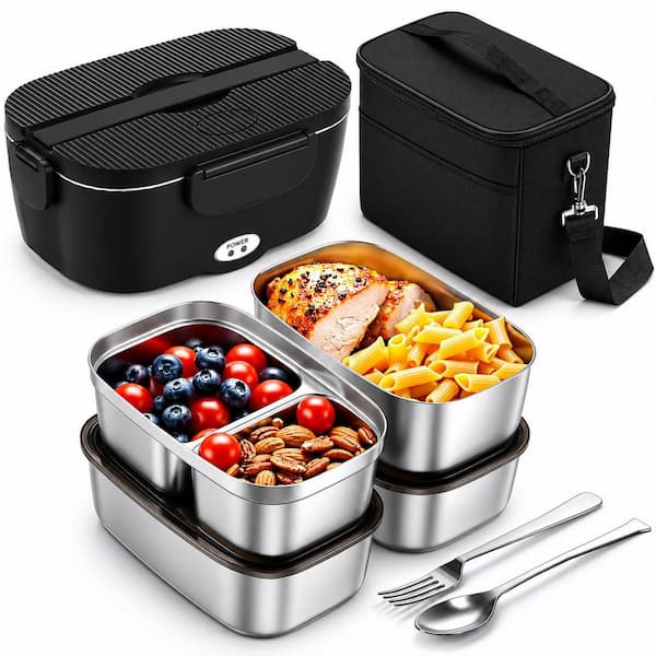 Pure Black 120W Electric  Lunch Box Lunch Bag for Adults Self Heating 1.5L Stainless Steel Food Container Set of 4