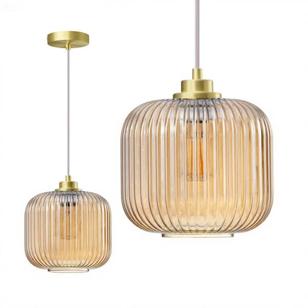 60-Watt 1-Light Gold Modern Pendant Light with Cognac Color Glass Shade for Dining Room Porch, No Bulbs Included
