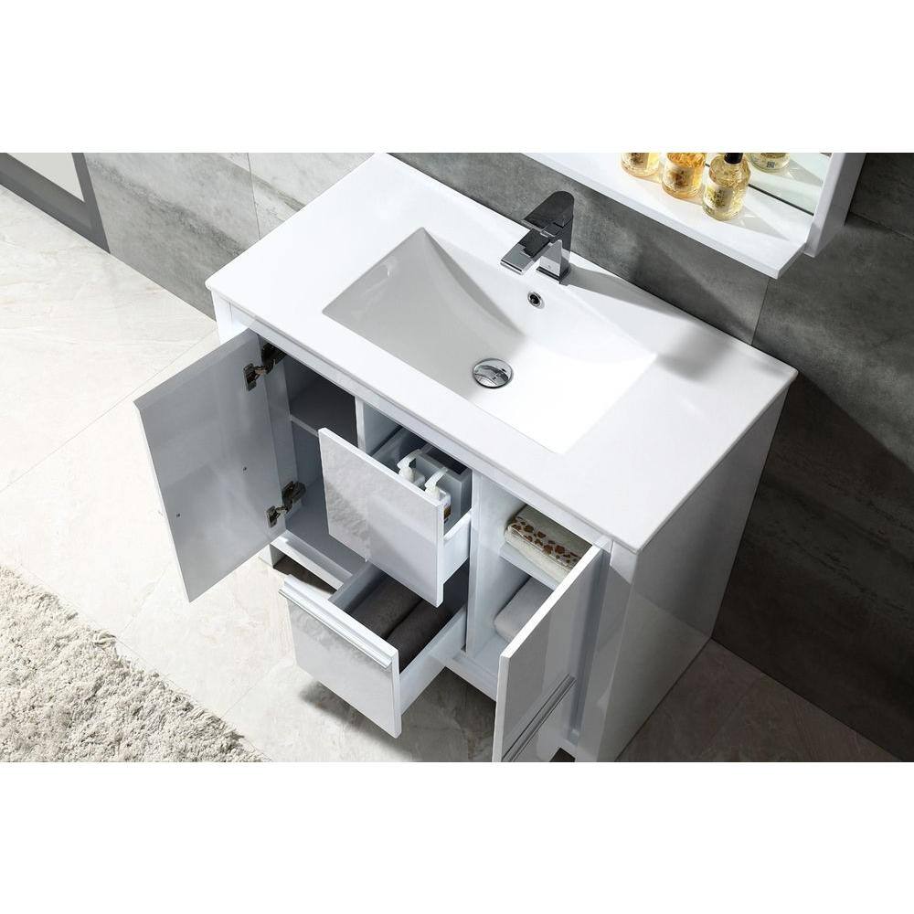 Modern Glossy White 36" Plywood Vanity Set with Ceramic Top & Mirror
