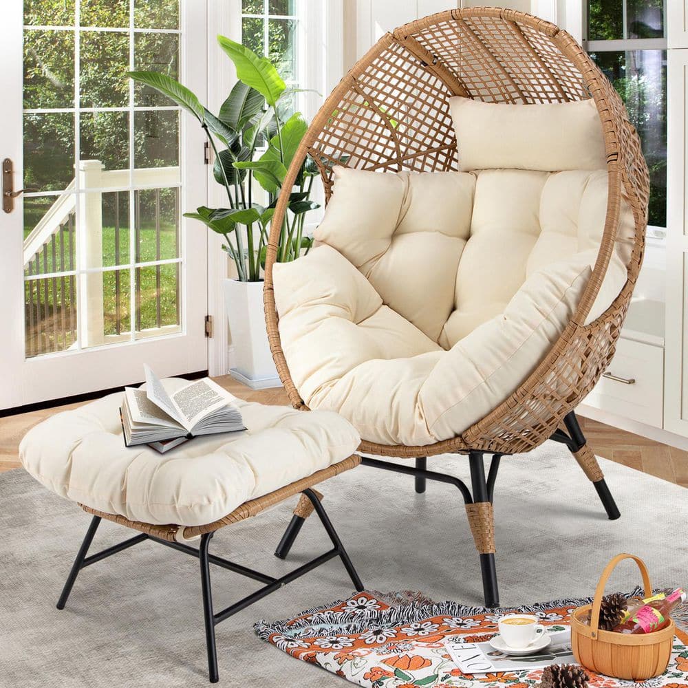PE Wicker Indoor Outdoor Lounge Egg Chair with Beige Cushion and Ottoman