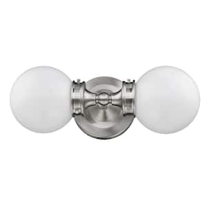 Fairfax 2-Light Satin Nickel Vanity Light with White Globe Shades