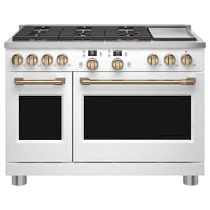 48 in. 8.25 cu. ft. Smart Double Oven Dual Fuel Range with Self-Cleaning Convection Oven in Matte White