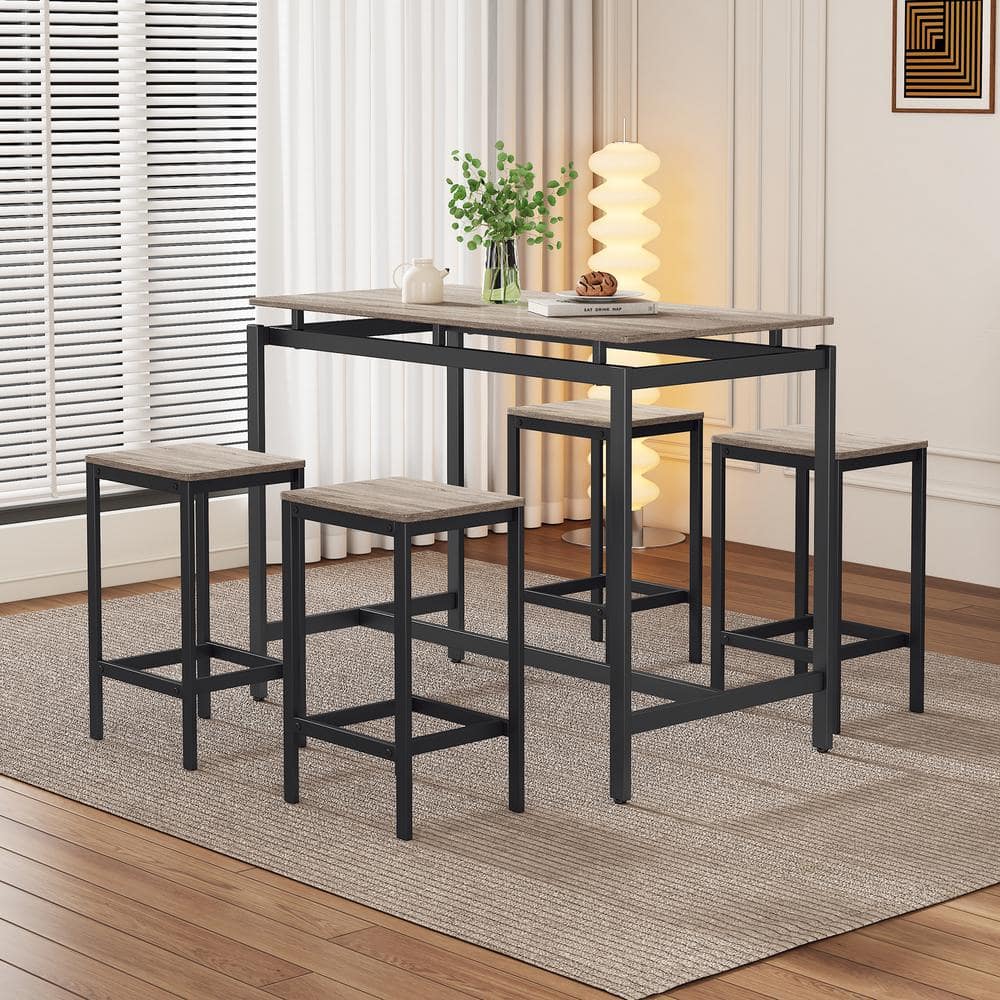 5 Pieces Oak Color Metal Bar Table Set with Table and Stools Outdoor Dining