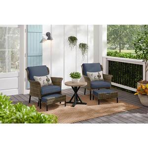 Devonwood Brown 5-Piece Wicker Outdoor Patio Small Space Chat Seating Set with CushionGuard Sky Blue Cushions