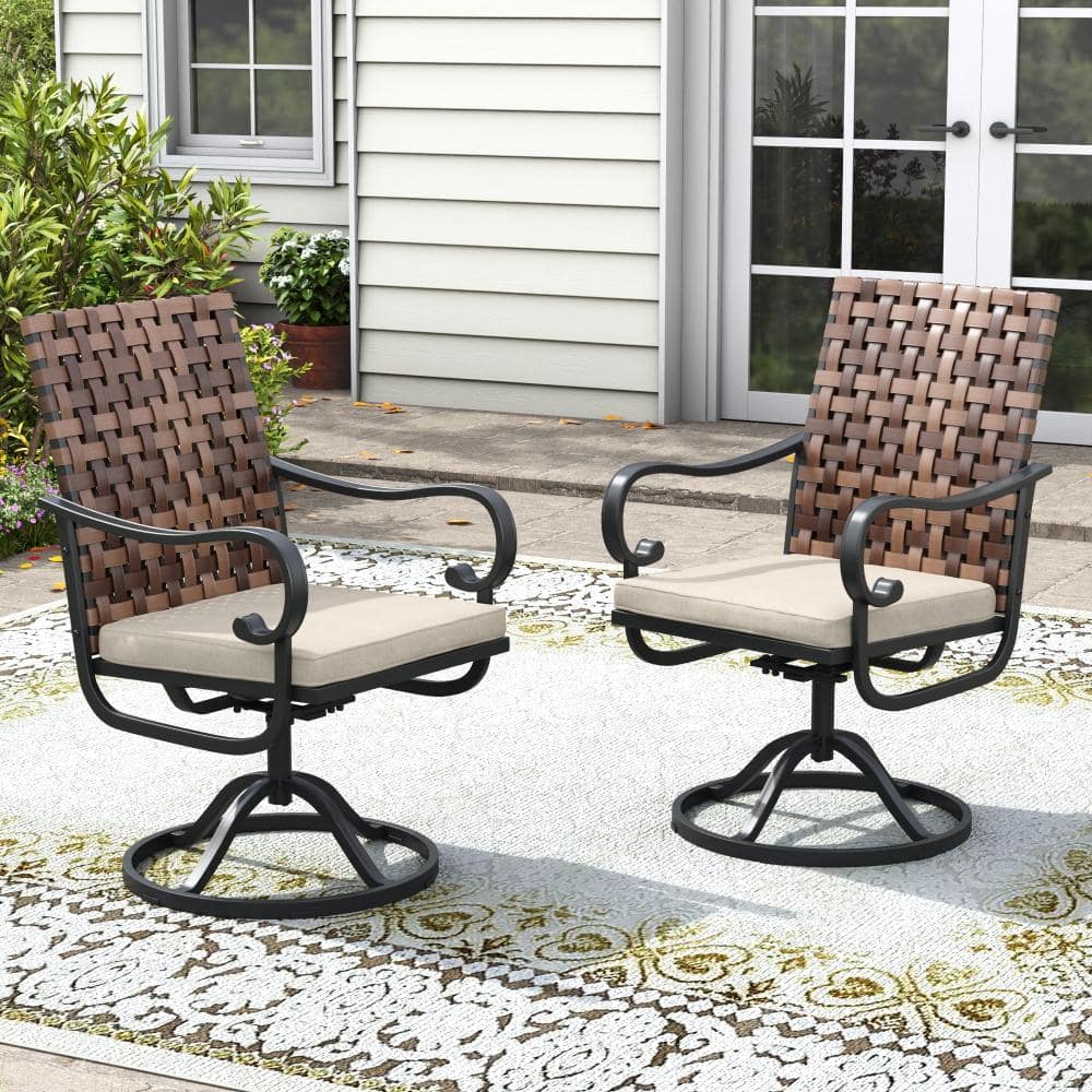 Brown Wicker Outdoor 360-Degree Swivel Patio Dining Chairs with Beige Cushions (2-Pack) price history on PriceWatchPro