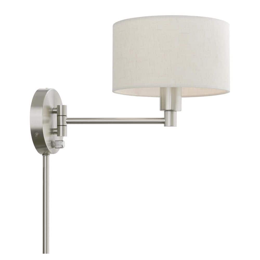 Transitional Brushed Nickel Swing Arm Wall Lamp with Oatmeal Fabric Shade