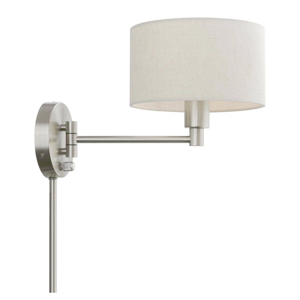 Transitional Brushed Nickel Swing Arm Wall Lamp with Oatmeal Fabric Shade
