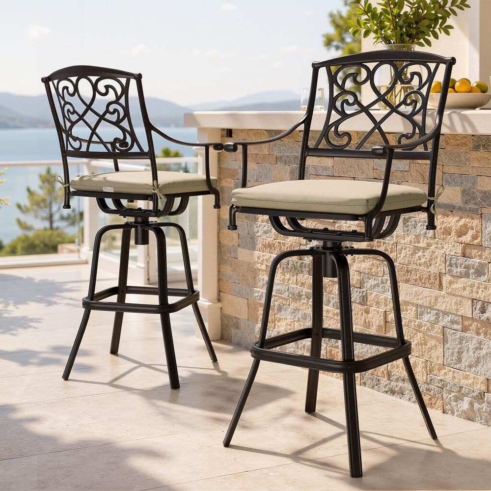 2-Pack Cast Aluminum Outdoor Bar Stool 330lbs Capacity High Top Patio Stools with Cushion Sunbrella Fabric in Champagne price history on PriceWatchPro