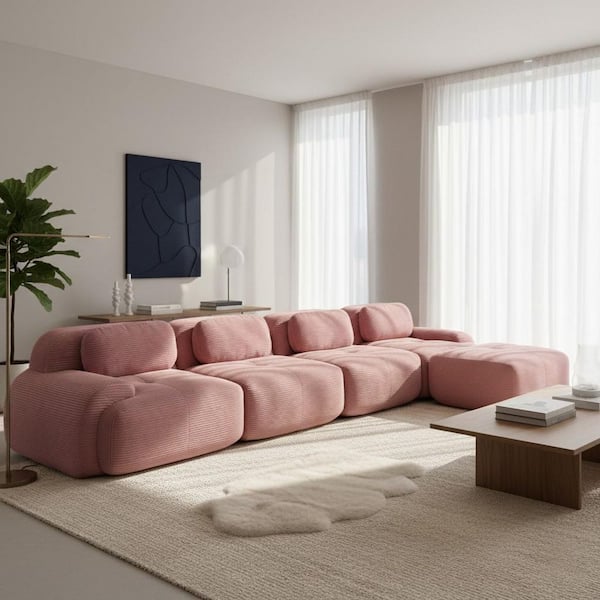 SMZO 152.7 in. Rolled Arm Modular Corduroy Sectional Sofa, Adjustable Backrest, and Non-slip Base in. Dusty Rose