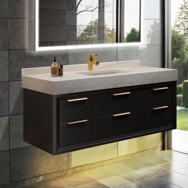 Lonni 48 in. W X 21 in. D X 21.3 in.H Floating Bathroom Vanity in Black Solid Oak/White Marble Countertop and Lights