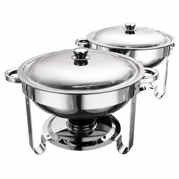 2 Pack 5 qt. Silver Stainless Steel Round Chafing Dish with Water Level Indicators Chafing Dishes & Accessories