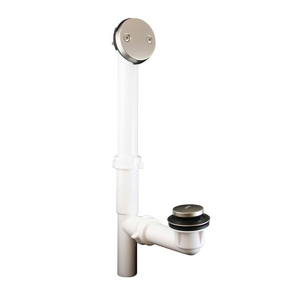 JONES STEPHENS Toe Touch 1-1/2 in. Heavy Walled PVC Tubular 2-Hole Bath Waste and Overflow Tub Drain Full Kit in Polished Nickel