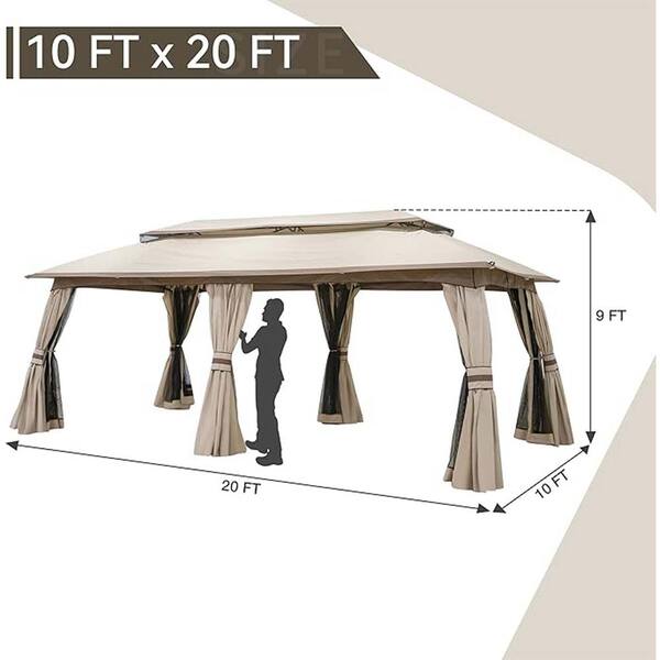 Unbranded - 20 ft. x 10 ft. Beige Outdoor Double Tier Gazebo Tent with Side Mesh Curtains for Lawn, Backyard and Party
