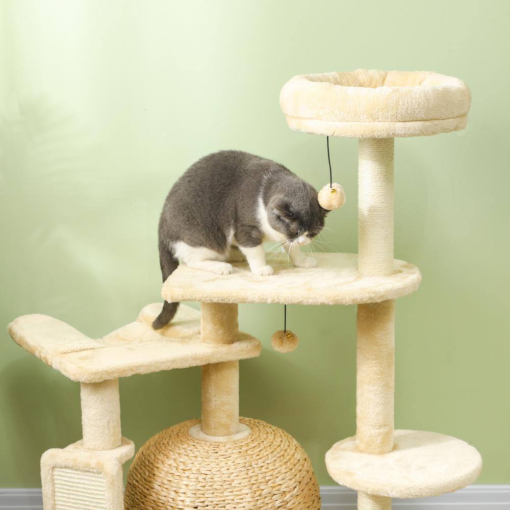 Beige Plush and Wicker 44" Cat Tree Tower with Hammock