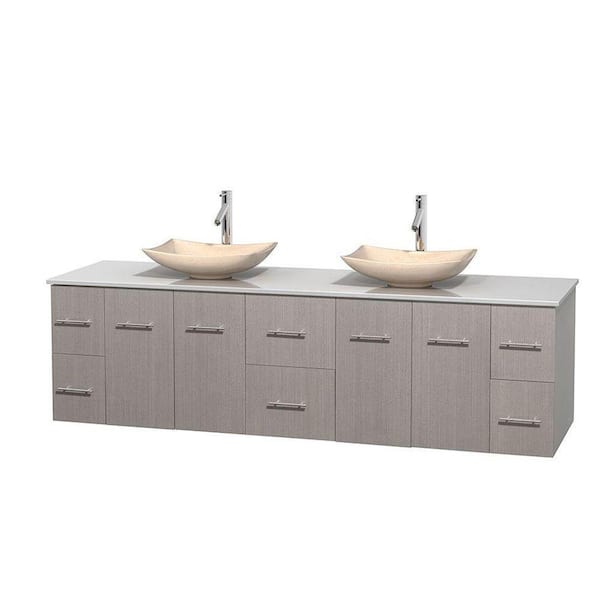 Wyndham Collection Centra 80 in. Double Vanity in Gray Oak with Solid-Surface Vanity Top in White and Sinks