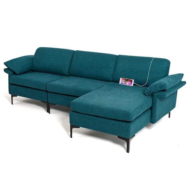 Costway 100.5 in. W Square Arm L-Shaped 3-Piece Polyester Sectional Sofa in Blue with Reversible Chaise and 2 USB Ports