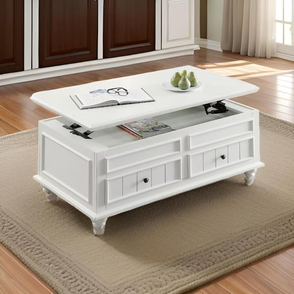Benjara Custom Series 48 in. White and Black Rectangle Wood Coffee Table with Lift Top Function and 2 Drawers