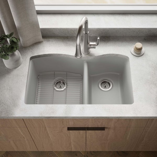 Kennon Matte Grey Solid Surface 33 in. Double Bowl Drop-In Kitchen Sink