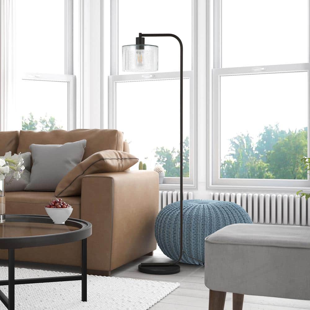 Bronzed Industrial Arc Floor Lamp with Seeded Glass Shade