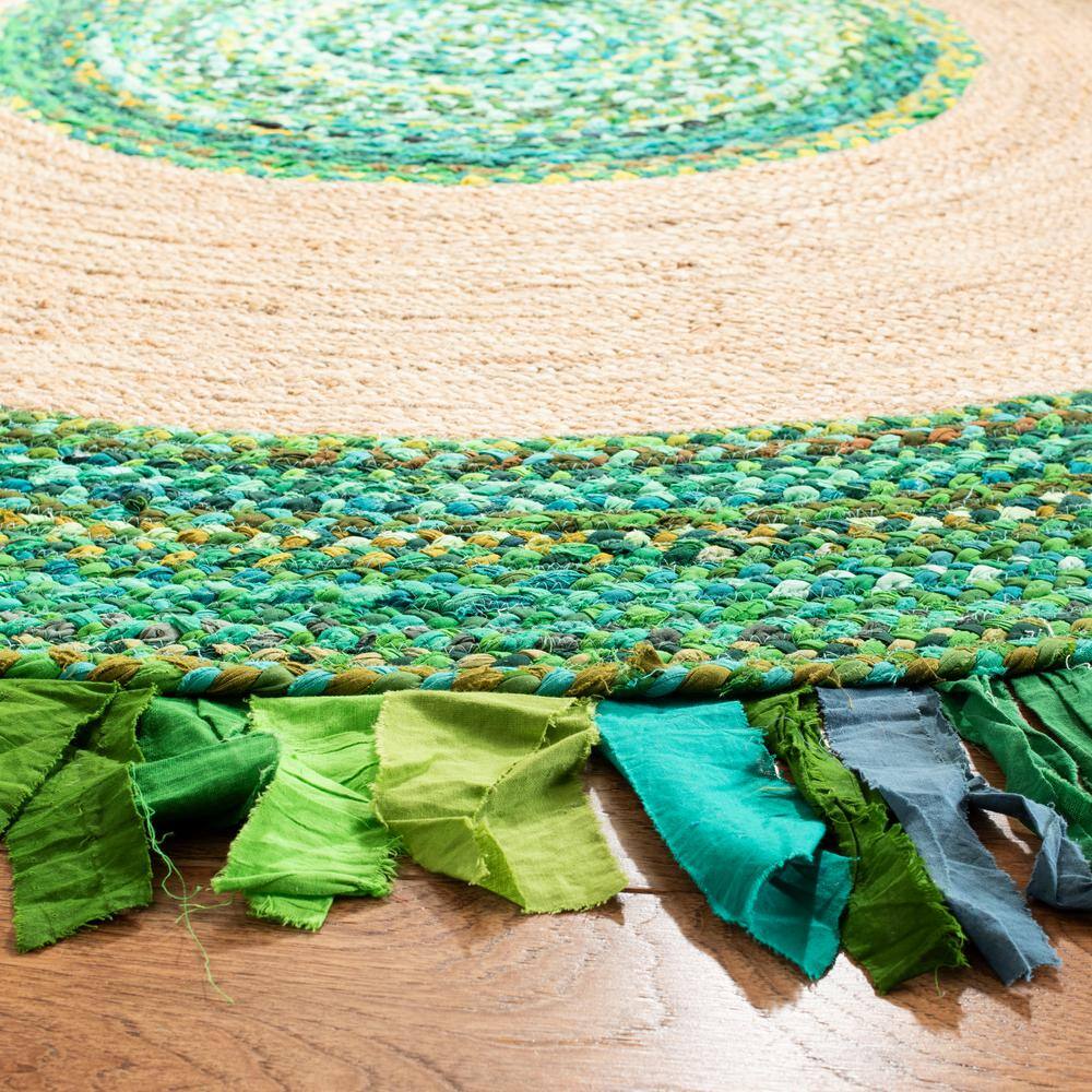 Handmade Green and Natural Round Cotton Area Rug, 3' x 3'