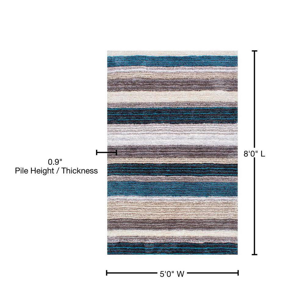 Blue Multi Striped Hand-Tufted Shag Area Rug 5' x 8'
