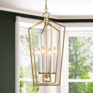 Gold Cage Pendant Light, Modern 4-Light Gold Geometric Dining Room Chandelier with Candle Style