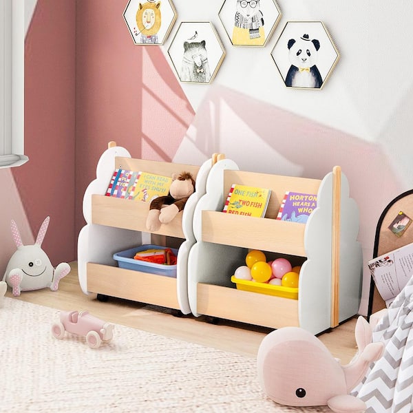 20.5 in. Kids Wooden Bookshelf w/Wheels 2-Tier Toy Storage Shelf Double-sided Bookcase