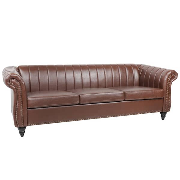 84 in. W Rolled Arm Leather Straight Traditional 3-Seat Sofa in Brown Y ...