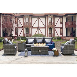 Grice 5-Piece Wicker Patio Conversation Set with Gas Fire Pit Table and Gray Cushions