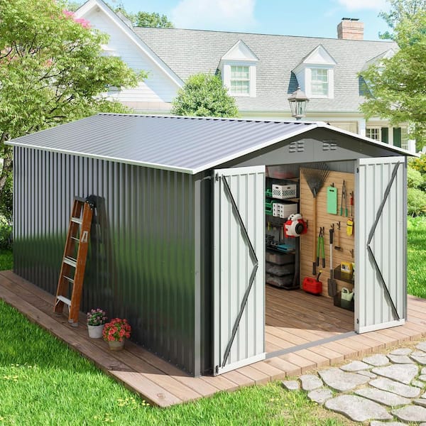 10 ft. W x 12 ft. D Metal Storage Shed with Lockable Doors and Vents, White And Gray(120 sq. ft. )