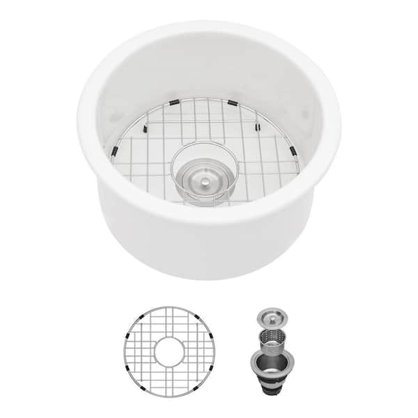 Qidian 18 in. Dual Mounted Single Bowl White Ceramic Circular Kitchen Sink with Bottom Grids