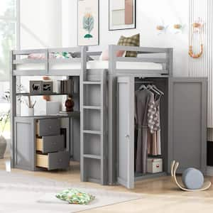 Gray Twin size Loft Bed with Drawers, Desk and Wardrobe