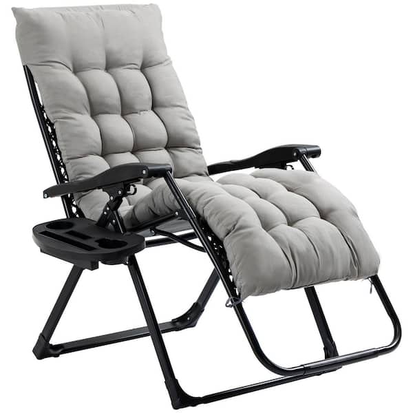 Sudzendf Black Metal Folding Reclining Outdoor Lounge Chair with Gray Cushions and Side Tray