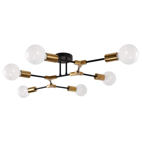 Briignite Modern Sputnik 35 In. 6-Light Black and Gold Semi- Flush Mount with Mini Chandelier for Bedroom Living Room Hallway