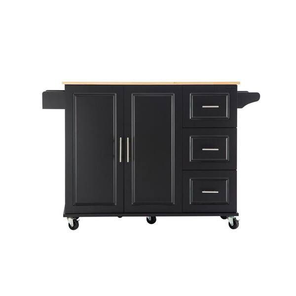 Zeus & Ruta Black Kitchen Island With Wood Top and Drop Leaf Breakfast Bar,Rolling Mobile Kitchen Island With Storage and Towel Rack