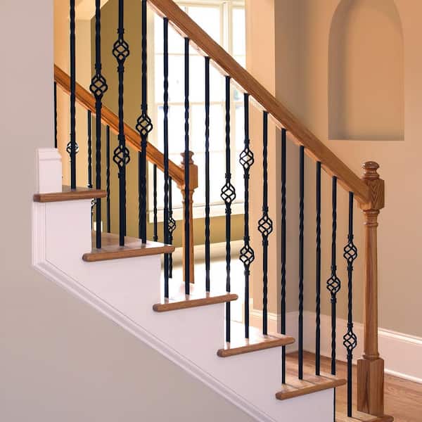 1/2 Iron Baluster Skinny Scroll (5-Pack) Stair Parts Hollow Metal Spindles  - Stair Railing Scroll Wrought Iron Balusters (Real Satin Black not Matte)  