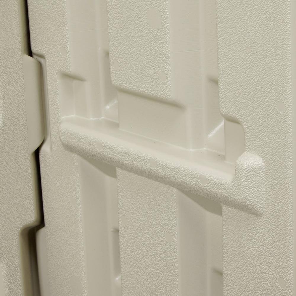 Beige and Gray Resin Horizontal Storage Shed with Shelving