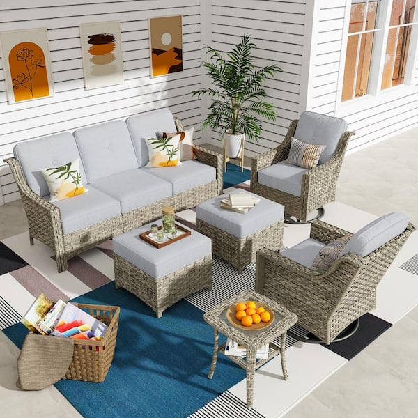 weaxty W Tulip Y Gray 6-Piece Wicker Patio Outdoor Conversation Sofa Set with Swivel Rocking Chairs and Light Gray Cushions