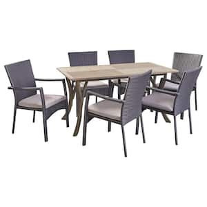 Corleone Gray 7-Piece Wood and Faux Rattan Outdoor Dining Set with Gray Cushions