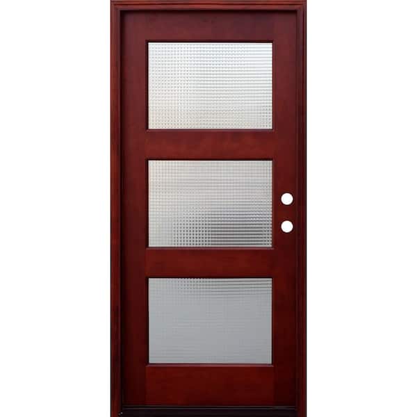 Pacific Entries 36 in. x 80 in. Contemporary 3 Lite Cross Reed Stained Mahogany Wood Prehung Front Door with 6 in. Wall Series