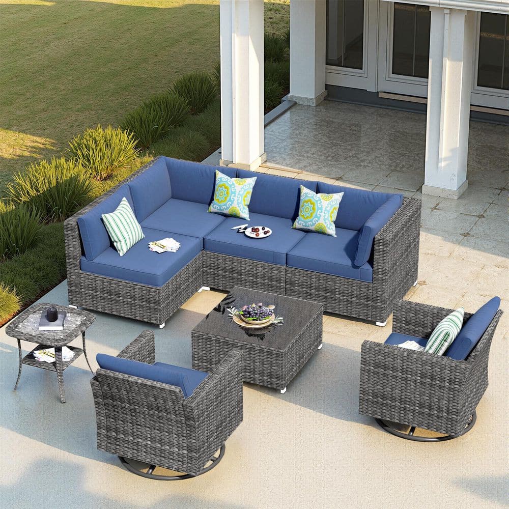 Messi Grey 8-Piece Wicker Outdoor Patio Conversation Sofa Set with Swivel Rocking Chairs and Denim Blue Cushions price history on PriceWatchPro