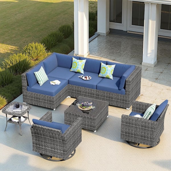 HOOOWOOO Messi Grey 8-Piece Wicker Outdoor Patio Conversation Sofa Set with Swivel Rocking Chairs and Denim Blue Cushions