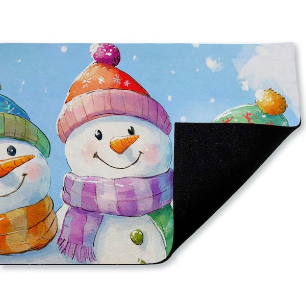 Happy Snowmen Trio Blue 18 in. x 30 in. Polyester Non-Slip Outdoor Door Mat