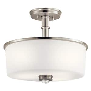 Joelson 14.75 in. 3-Light Brushed Nickel Hallway Transitional Semi-Flush Mount Ceiling Light with Cased Opal Glass