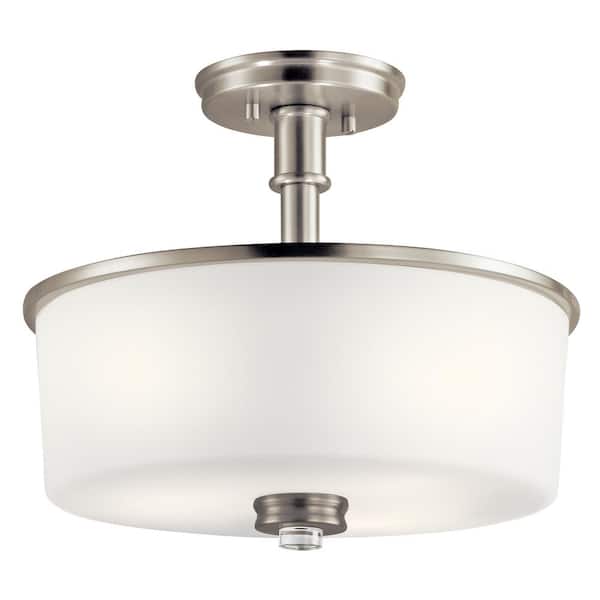 KICHLER Joelson 14.75 in. 3-Light Brushed Nickel Hallway Transitional Semi-Flush Mount Ceiling Light with Cased Opal Glass