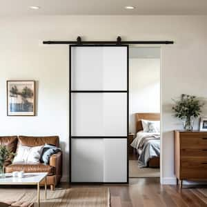 30 in. W. x 84 in. Full-lite Tempered Frosted Glass Black Metal Frame Interior Sliding Barn Door with Hardware kit