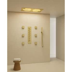 Thermostatic 63-Spray 28 x 16 in. Rectangle LED Mood Lighting Bluetooth Music Shower System with Valve in Brushed Gold