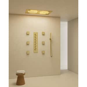 Thermostatic LED 6-Spray 28x16 in. Ceiling Mount Fixed and 2-Spray Handheld Dual Shower Head in Brushed Gold